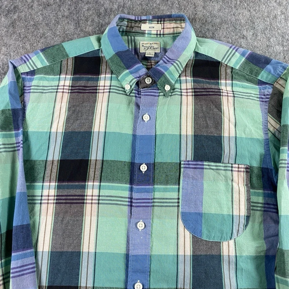 J Crew Indian Madras Plaid Shirt Men's Large Slim Blue Preppy Summer Long Sleeve